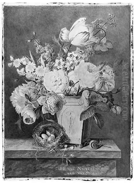 A Pot with Flowers, a bird's nest and a snail on a marble plinth Oil Painting by Johanna Ida Van Nijmegen-Van Stolk