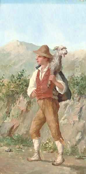 A young shepherd boy with a lamb Oil Painting by Luigi Scorrano