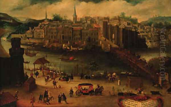 A panoramic view of Seville with the Golden Tower and harbour Oil Painting by School Of Seville