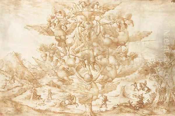 An allegory of Victory on a oak tree Oil Painting by Valerio Spada