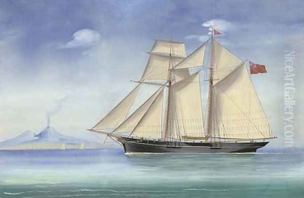 A topsail schooner of the Royal Tay Yacht Club in the Bay of Naples Oil Painting by Antonio de Simone