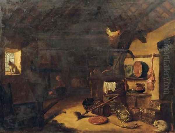 A barn interior with pots, pans and vegetables, a woman by a stove beyond Oil Painting by Cornelis Saftleven