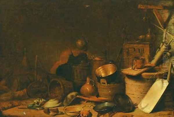 A kitchen interior with a well, pots, pans and baskets Oil Painting by Cornelis Saftleven