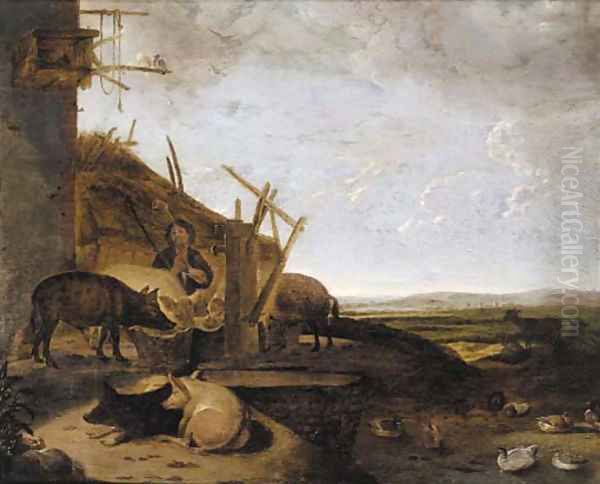 The Prodigal Son among the swines Oil Painting by Cornelis Saftleven