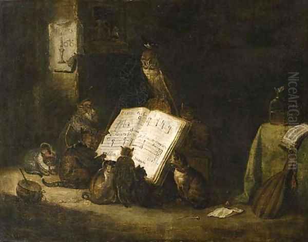 Cats singing from a music score with a monkey and an owl seated nearby, in an interior Oil Painting by Cornelis Saftleven