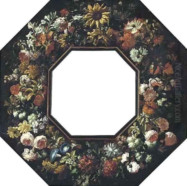 A floral cartouche with sunflowers Oil Painting by Giovanni Stanchi