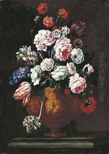 Roses, carnations, tulips and other flowers in a sculpted urn on a stone ledge Oil Painting by Giovanni Stanchi