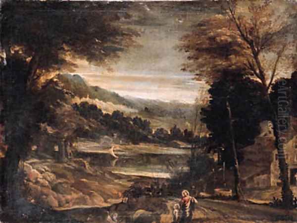 A wooded landscape with the Return from Egypt, a sailing boat on a lake beyond Oil Painting by Ippolito Scarsella (see Scarsellino)