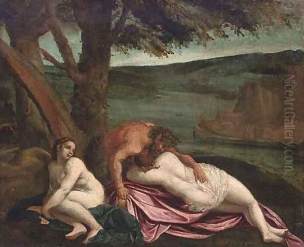 Two nymphs with a satyr on a river bank Oil Painting by Ippolito Scarsella (see Scarsellino)