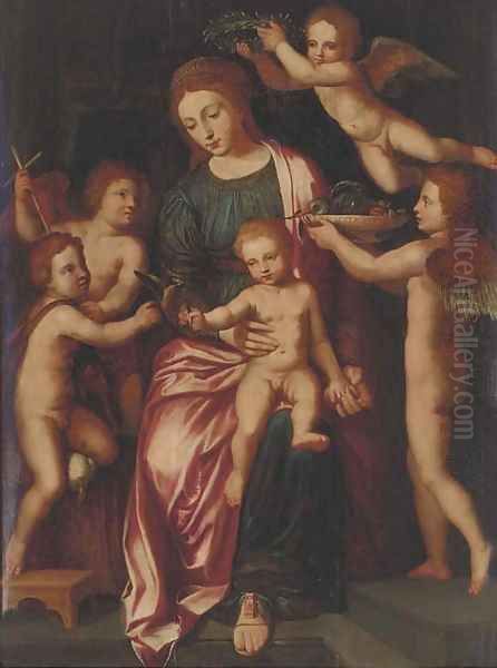 The Virgin and Child with the Infant Saint John the Baptist and three putti Oil Painting by Vincent Sellaer