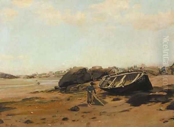 A French coastal scene with fishermen on the beach Oil Painting by Henri Louis Saintin