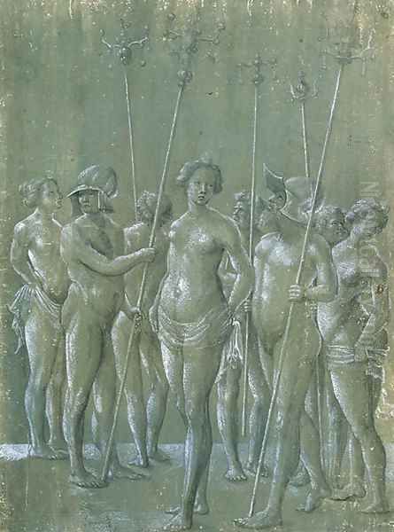 Five nude soldiers holding poles, two wearing a helmet, and three nude women Oil Painting by Netherlandish School