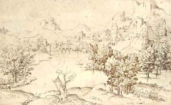 A mountainous landscape with a lake in the foreground, a town seen beyond Oil Painting by Netherlandish School