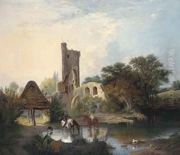 Horses watering before a castle ruin Oil Painting by Alfred Stannard