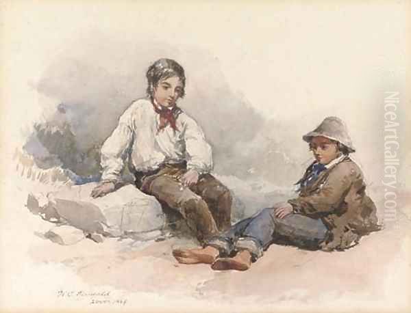 Two young fisherboys resting on the beach Oil Painting by Clarkson Stanfield