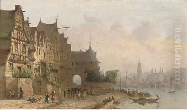 Along the Rhine, a busy continental town view Oil Painting by Clarkson Stanfield