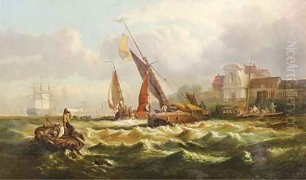 A shippingport with figures on a quai Oil Painting by George Clarkson Stanfield