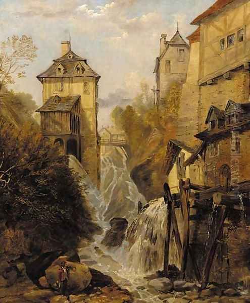 A waterfall through an Alpine town Oil Painting by George Clarkson Stanfield