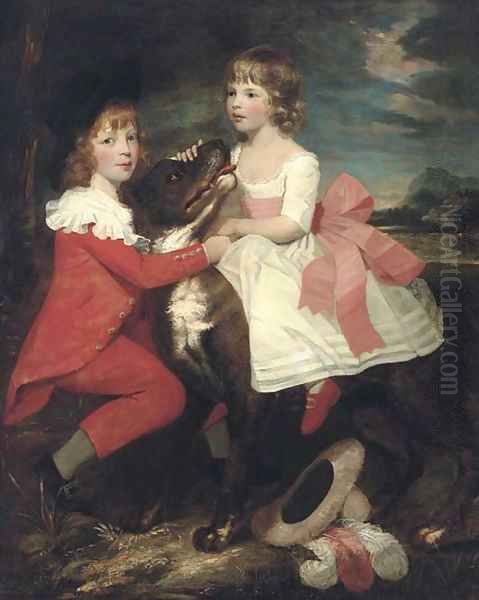 Portrait of two children with a dog Oil Painting by Gilbert Stuart