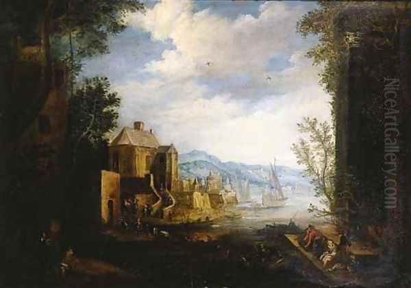 Merchants and townsfolk on a quay in a Mediterranean harbour Oil Painting by Matthys Schoevaerdts