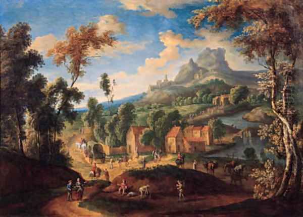 Peasants and travellers on a road by a village in a mountainous landscape Oil Painting by Matthys Schoevaerdts