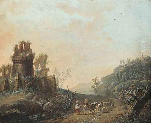 Travellers on a path near a ruined castle Oil Painting by Maximillian Joseph Schinnagl