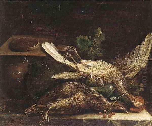 Two dead game birds with a pie, courgettes and other vegetables on a draped table Oil Painting by Michiel Simons