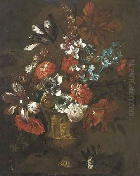 Parrot tulips, chrysanthemums, morning glory, narcissi and other flowers in an urn on a ledge Oil Painting by Nicolo Stanchi