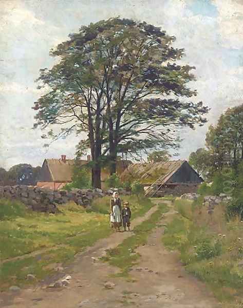 Figures on a beaten track, with a farmhouse beyond Oil Painting by Danish School