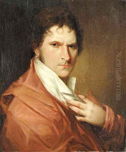 Portrait of a gentleman, bust length, in a red cloak and white shirt Oil Painting by Danish School