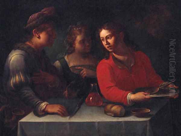 Three figures at a table with a bowl of pulses, a flask of wine, a knife, bread and a bowl Oil Painting by Emilian School