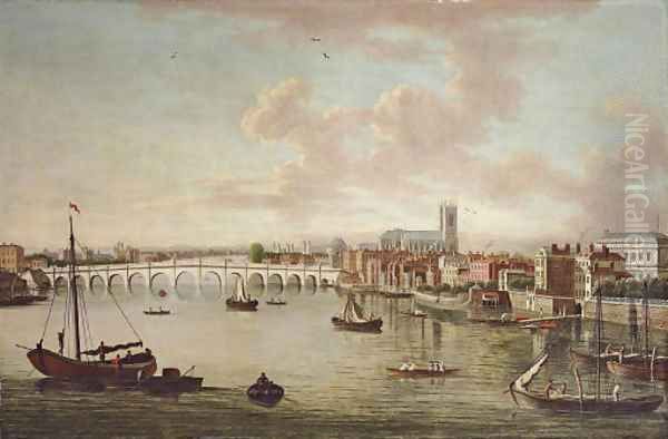 A view of Westminster Bridge with neighbouring houses Oil Painting by Engish School