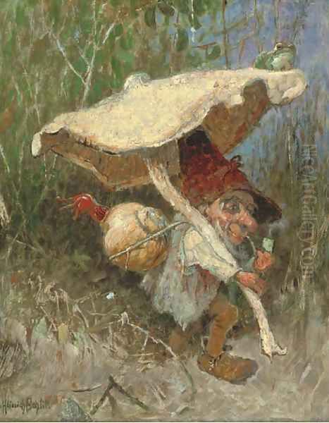 A travelling gnome with his toadstool Oil Painting by Heinrich Schlitt