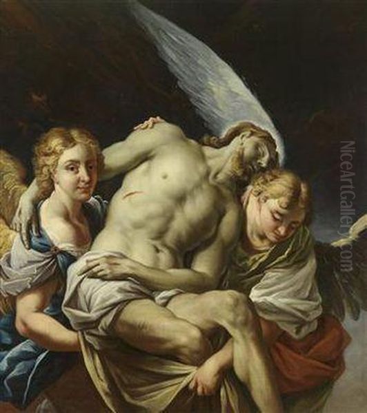 The Dead Christ Supported By Two Angels Oil Painting by Francesco Trevisani