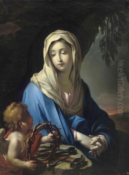 The Madonna, Seated With An Angel Holding The Crown Of Thorns, A Landscape Oil Painting by Francesco Trevisani