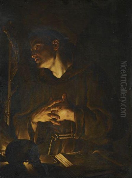 Saint Francis Praying Before A Crucifix By Candlelight Oil Painting by Francesco Trevisani