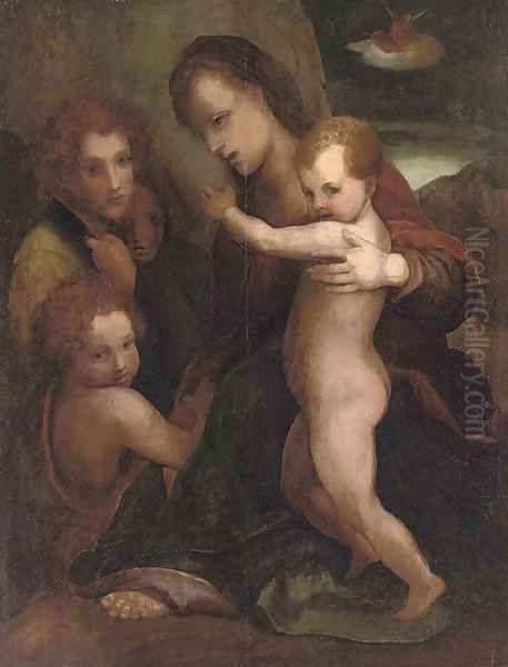 The Madonna and Child with the Young Saint John the Baptist and an Angel, the Annunciation to the Shepherds in the distance Oil Painting by Andrea Del Sarto