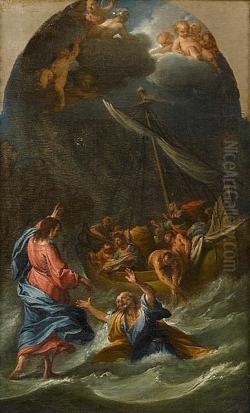 Christ Walking On The Water; And
 The Institution Of The Eucharist, Both In Painted Arches Oil Painting by Francesco Trevisani