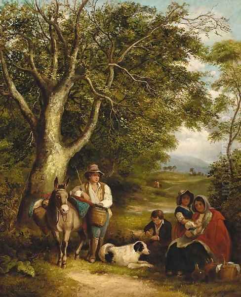 Travellers resting on a wooded track Oil Painting by Arthur J. Stark