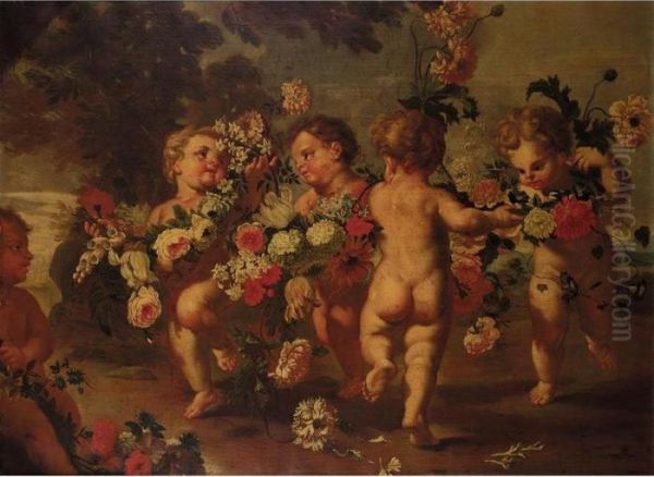 Putti Dancing And Holding Garlands Of Flowers Oil Painting by Francesco Trevisani