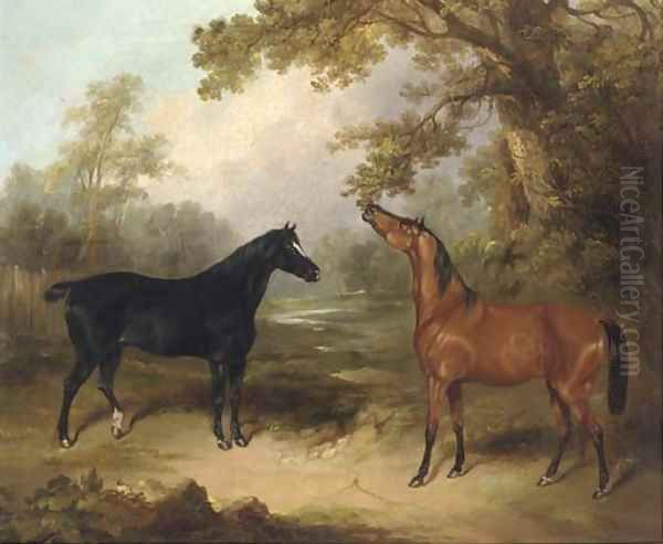 A black horse and a chestnut horse in an oak wood Oil Painting by Charles Henry Schwanfelder