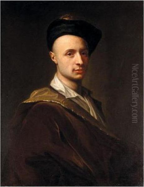 Portrait Of A Man, Half-length, Wearing A Black Hat Oil Painting by Francesco Trevisani