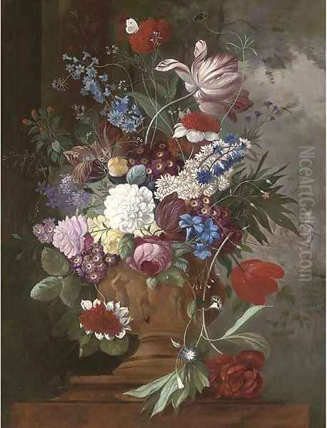 Tulips, roses, carnations, auriculas and other spring flowers in a urn on a ledge Oil Painting by James Sillet