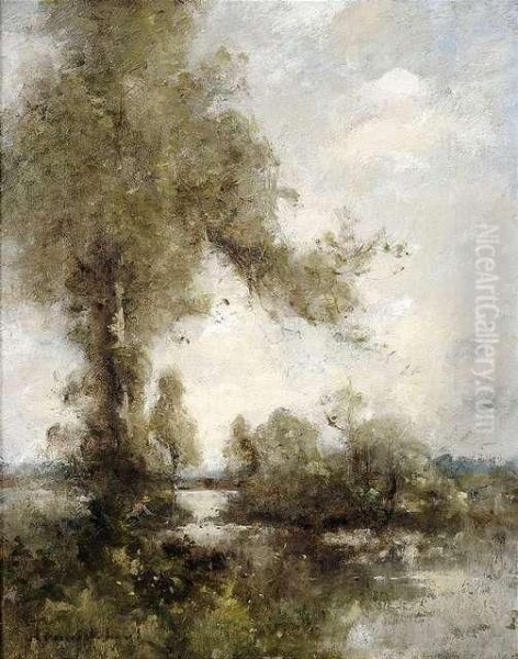 Summeryriver Landscape With An Angler. Oil Painting by Paul Trouillebert