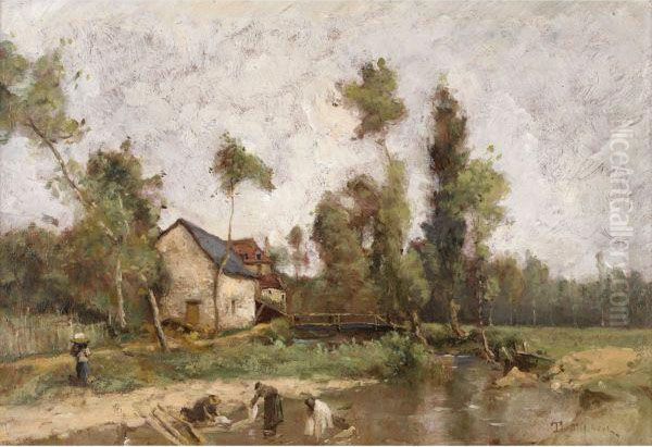 Lavandieres Au Bord D'un Etang Oil Painting by Paul Trouillebert