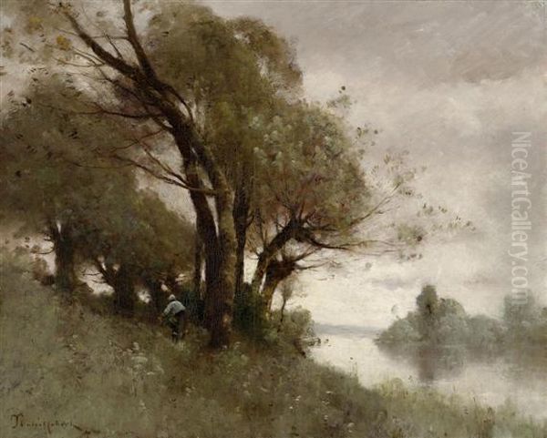 Paysanne Au Bord De La Riviere Oil Painting by Paul Trouillebert