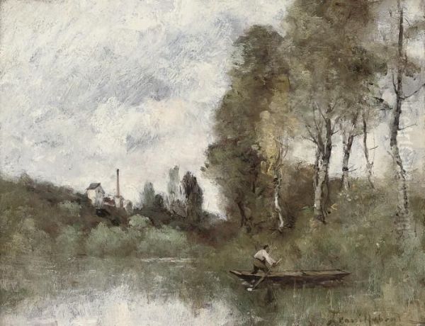 A Fisherman On The River Oil Painting by Paul Trouillebert