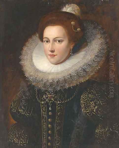 Portrait of a lady, bust-length, in an ornately embroidered dress and ruff Oil Painting by Justus Sustermans