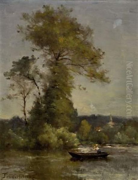 Barque Et Personnage Ramant Sur Une Riviere, Au Loin D'un Village. Oil Painting by Paul Trouillebert