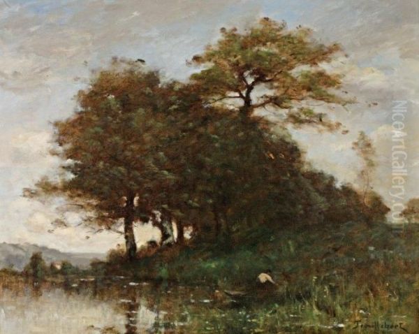 Pecheur Au Bord De L'etang Oil Painting by Paul Trouillebert